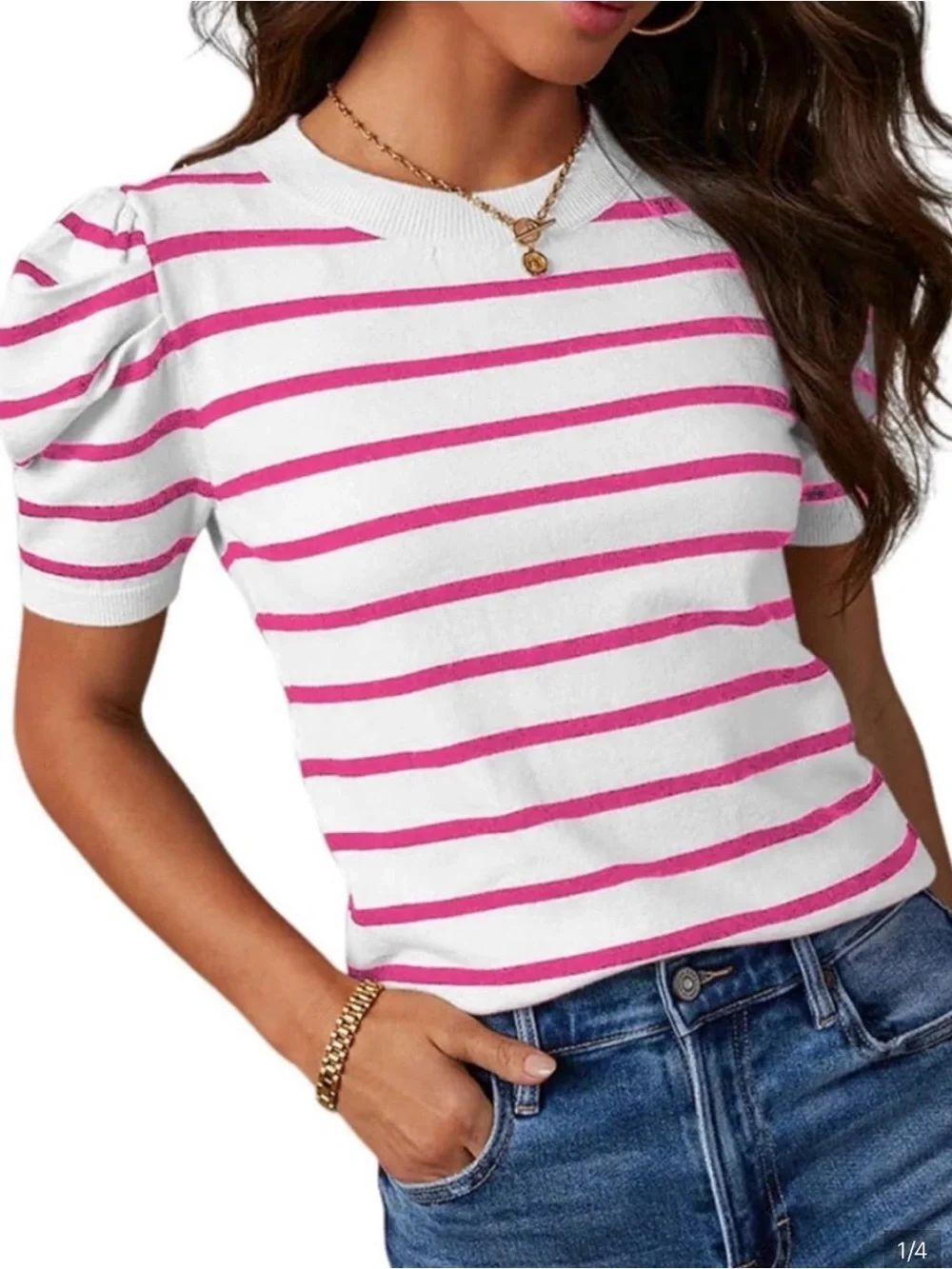 NWT DOKOTOO Women’s White & Pink Striped Puff-Sleeve Knit Tee SIze M